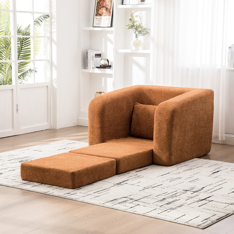 Canapé-lit pliable 2 pièces orange, confortable en chenille à motif goutte d'eau, mousse haute densité et coussins décoratifs pour lit convertible de dortoir orange avec bords arrondis doux