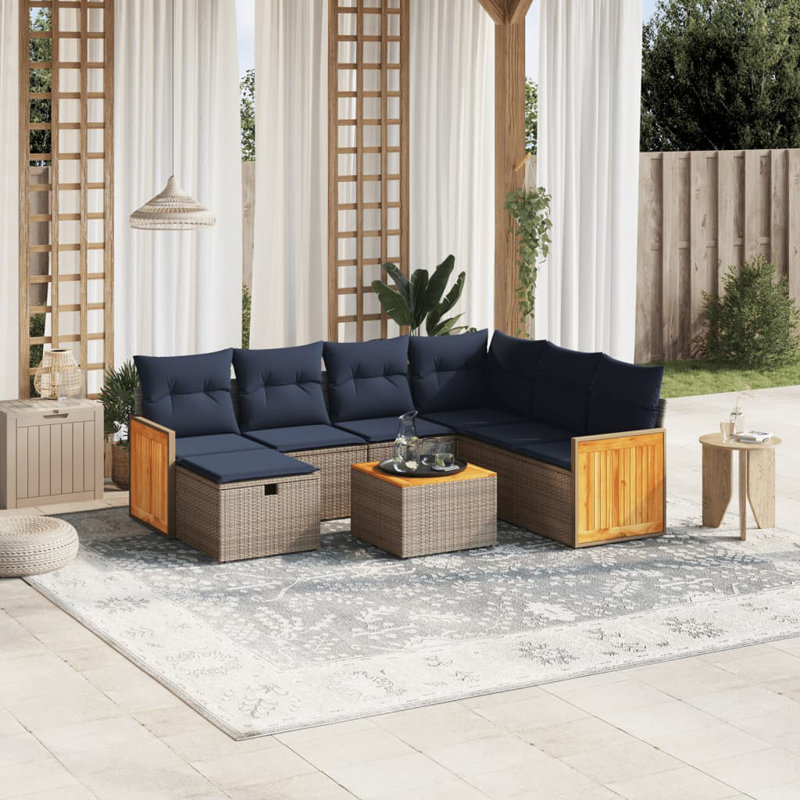  Ensemble de canapé de patio 8 pièces avec coussins en rotin de polyester noir, Gris, Marine