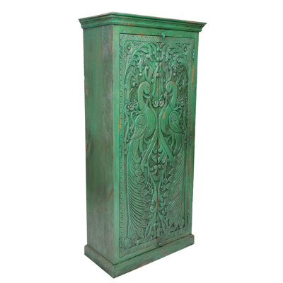 Cameren White Antique Solid Wood Hand Carved 2 Door Peacock Cabinet