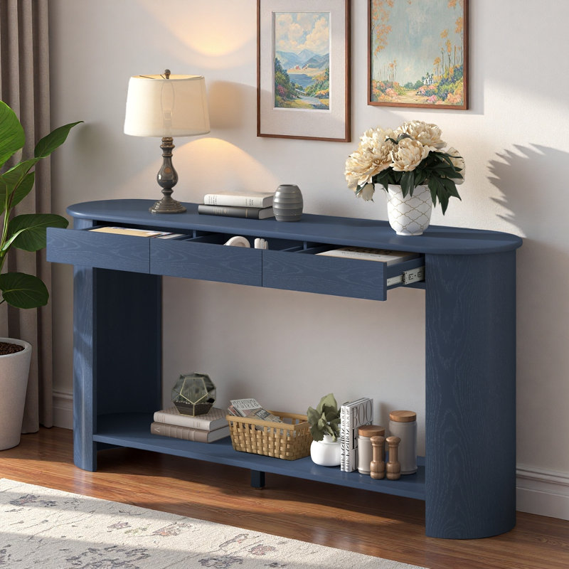 Console moderne avec 3 tiroirs, tablette inférieure ouverte et pieds semi-circulaires, Navy Blue