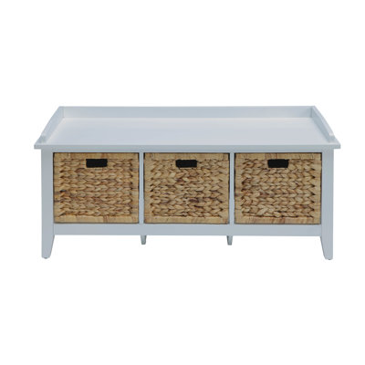 Transitional Design Rectangular Bench With 3 Storage Drawers, And White, Wooden Seat & Frame, Basket Front Drawer Metal Glide, Solid Wood Legs, Veneer, , 43 Inches Wide, 19 Tall White Finish Glide
