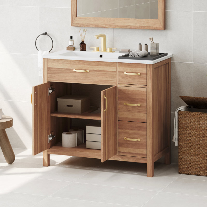 Meuble-lavabo 36 po avec structure en bois massif, 2 portes à fermeture douce, 3 tiroirs à fermeture douce, tablette réglable