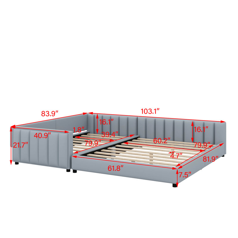 Grand lit plateforme tapissier, lit mère et enfant, Gris