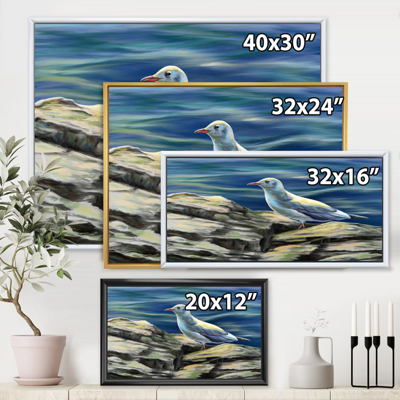 Oiseaux mouettes au bord de la mer - Peinture sur toile, H 16 po x l 32 po x p 1 po, Cadre noir