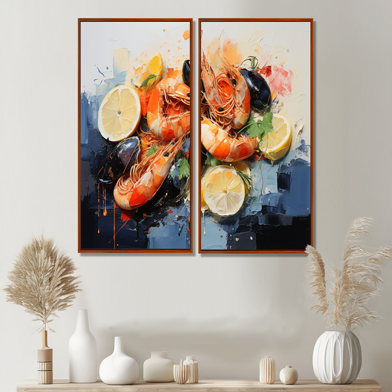 Représentation de fruits de mer, acrylique sur toile - art traditionnel vert sur toile, H 32 po x l 32 po, Brun
