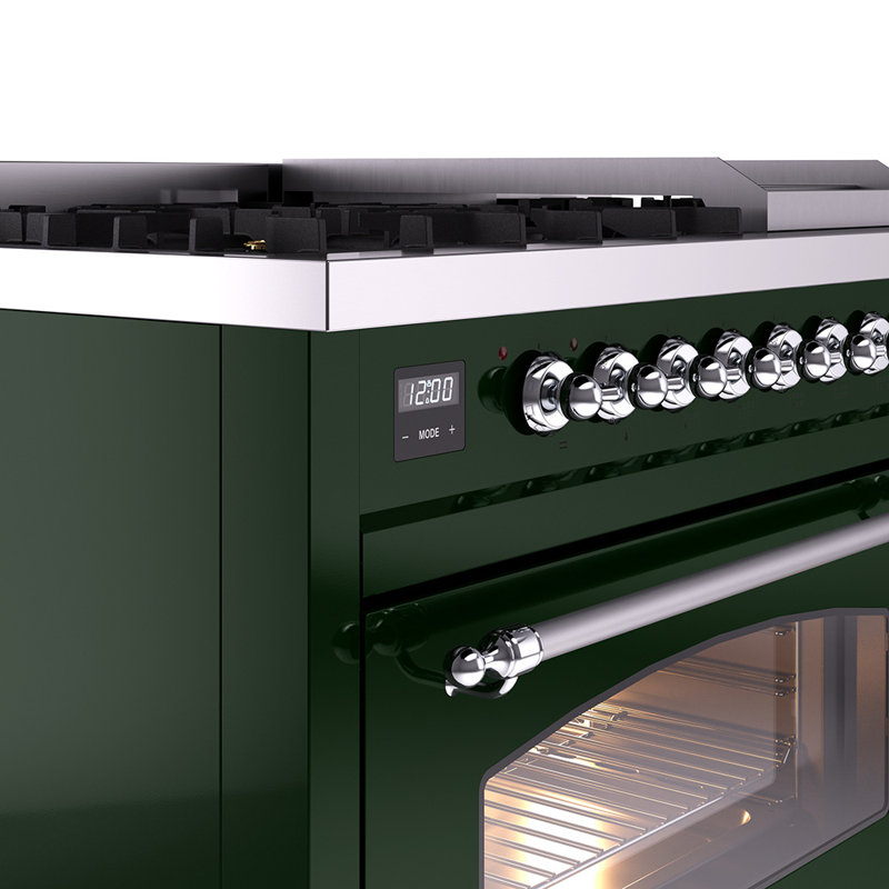 ILVE Nostalgie II Series 48 inch Dual Fuel Range with 8 Sealed Burners, Griddle (Glass Door), Emerald Green/Chrome