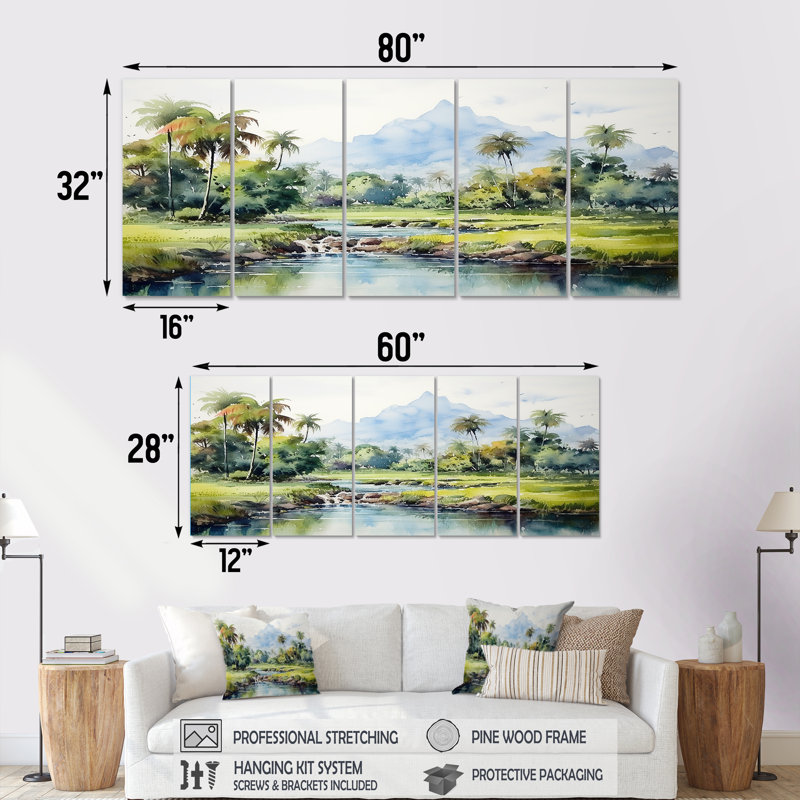 Indonésien, campagne, Indonésie, art mural 5 pièces, H 28 po x l 60 po