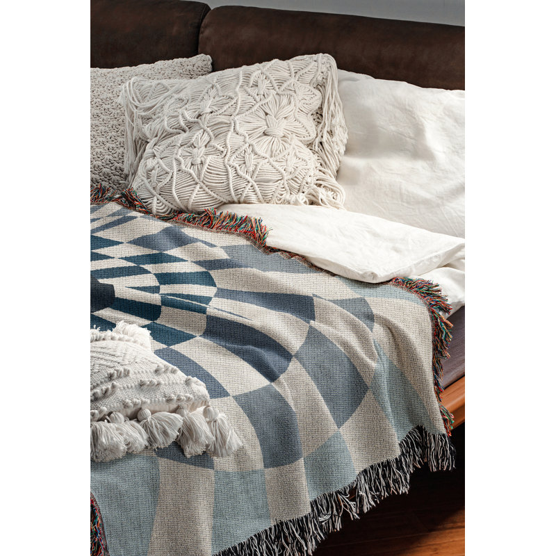Jeté en mélange de coton Bullseye, Bleu / blanc cassé, L 60 po x l 50 po