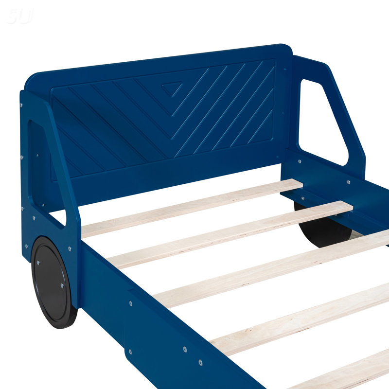 Lit plateforme simple en forme de voiture avec roues, bleu, lit, Bleu, Lit simple