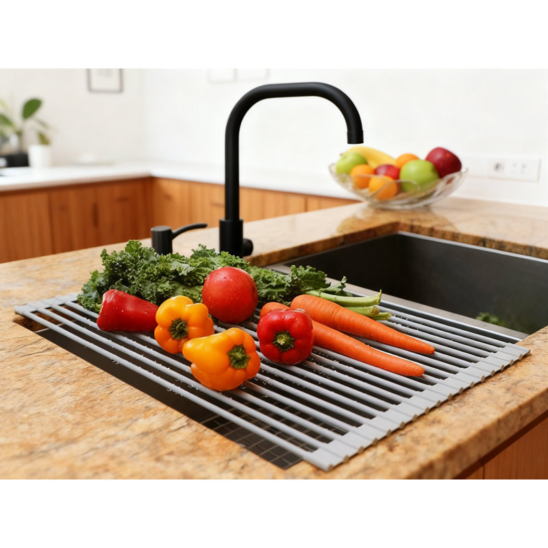 Égouttoir à vaisselle enroulable au-dessus de l'évier, égouttoir de cuisine pliable avec couvercle en silicone, support d'évier résistant à la chaleur et antidérapant pour économiser de l'espace sur le comptoir
