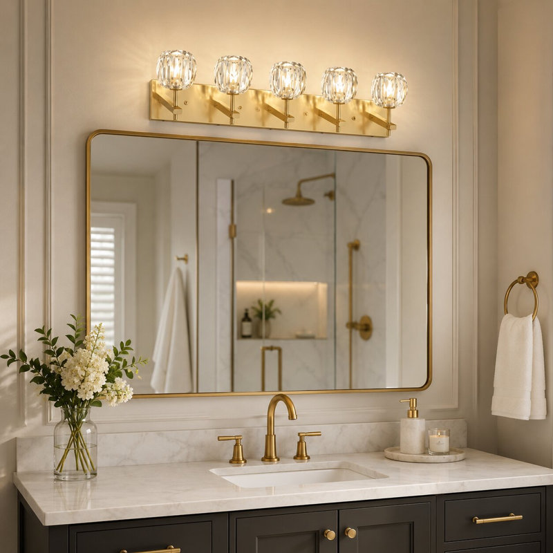 Meuble-lavabo moderne à 5 lumières DEL doré avec cristal , Or