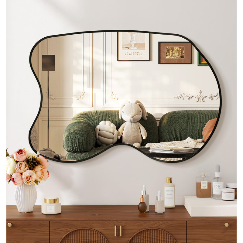 Irregular Metal Wall Mirror Asymmetrical Accent Mirror for Bathroom,Living room, 32" x 20", Black