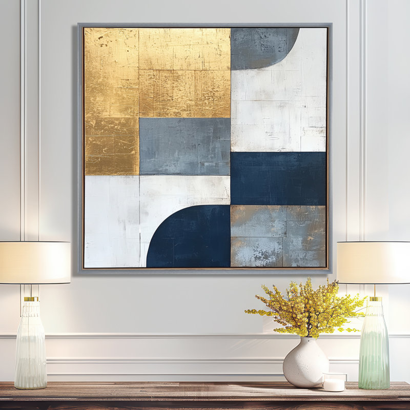 Nuriddin géométrique bleu doré et gris forme pure IV - abstrait géométrique, art mural, H 16 po x l 16 po, Argent argent