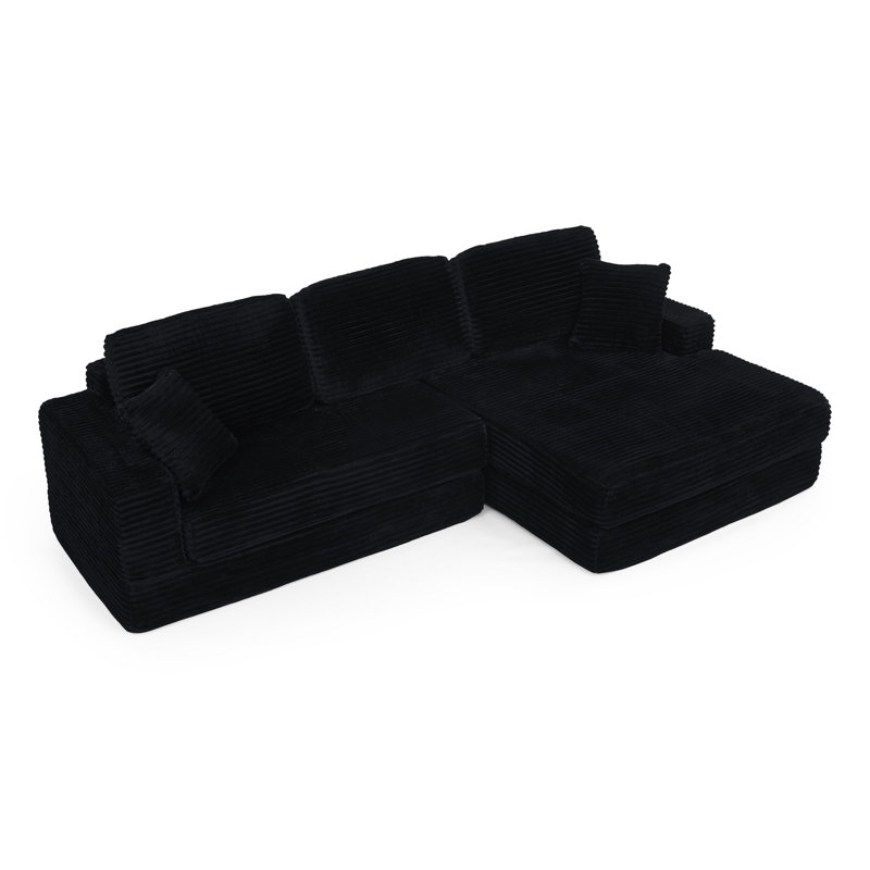 Siège de droite, canapé modulaire en forme de L, canapé modulaire compressé en velours côtelé de style minimaliste moderne, déplier dans un lit, chambre à coucher, canapé-lit compressé confortable - Design économe en espace - noir
