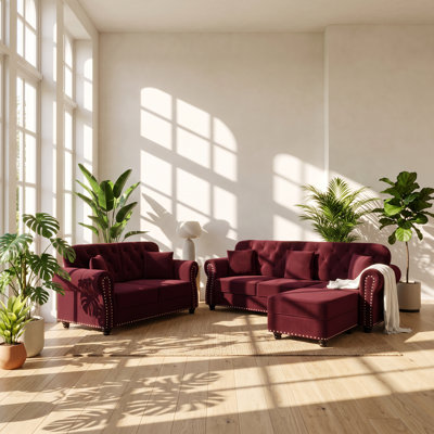 Canapé Chesterfield capitonné en velours avec pouf BOBBY FURNITURE, 210 cm (L) x 76 cm (P) x 86 cm (H), pour salon.