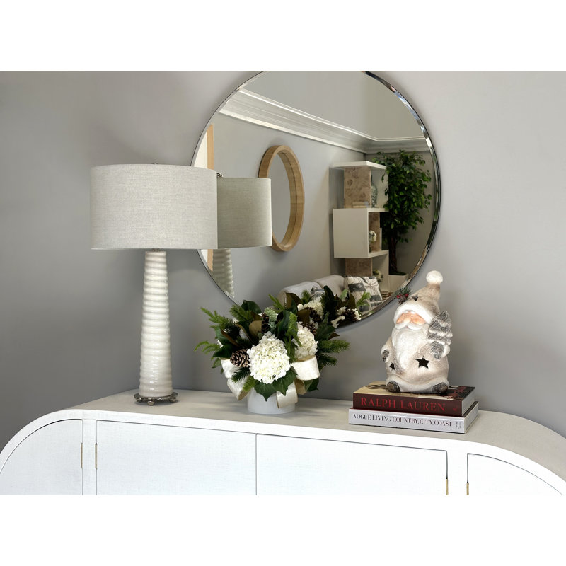 Holiday Arrangement with Hydrangeas, Pinecones and Bows, White
