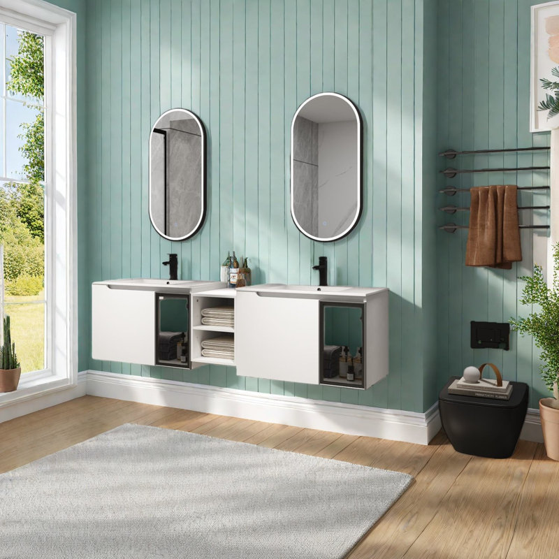 Meuble-lavabo moderne et spacieux avec lavabo en céramique, finition blanche brillante pour la salle de bain