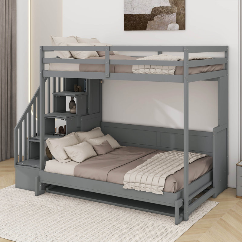 Full Over Full Size Murphy Bed With Hydraulic Lift & Desk Design, Gray