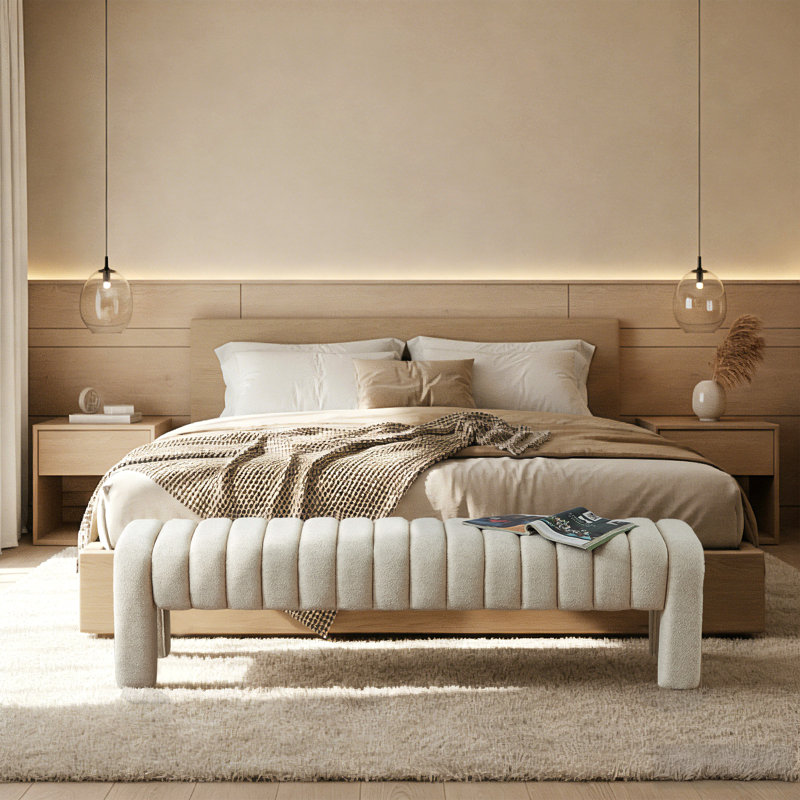 Banc de chambre rembourré Oyan, Lin beige, H 17 po x l 63 po x P 17,3 po