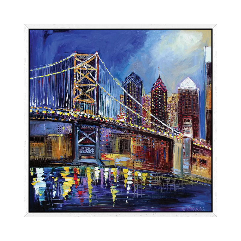 Benjamin Franklin Bridge by Ekaterina Ermilkina - Painting on Canvas, 45.72 cm H x 45.72 cm W, White Framed