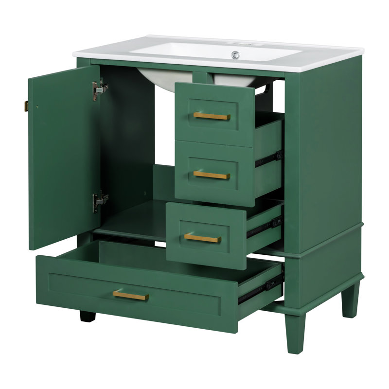30" Bathroom Vanity Ceramic with Drawer,door,Bathroom Storage Cabinet, Green, Gold