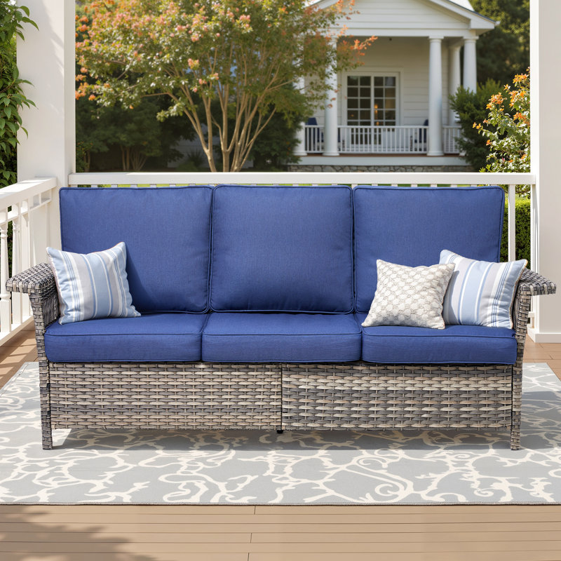 Canapé d'extérieur de 76,7 po de largeur, coussins bleus, housses faciles à installer, durables et confortables