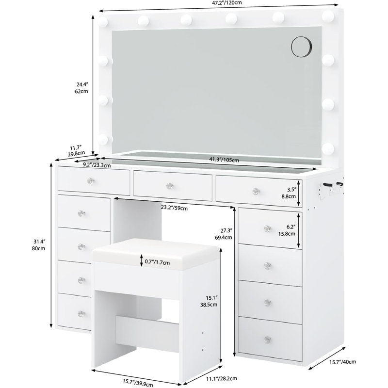 Vanity Desk with Charging Station, Makeup Desk with Lights Mirror and 11 Drawers, Vanity Table with Chair,Vanity Set 3 Lighting Modes Brightness Adjustable