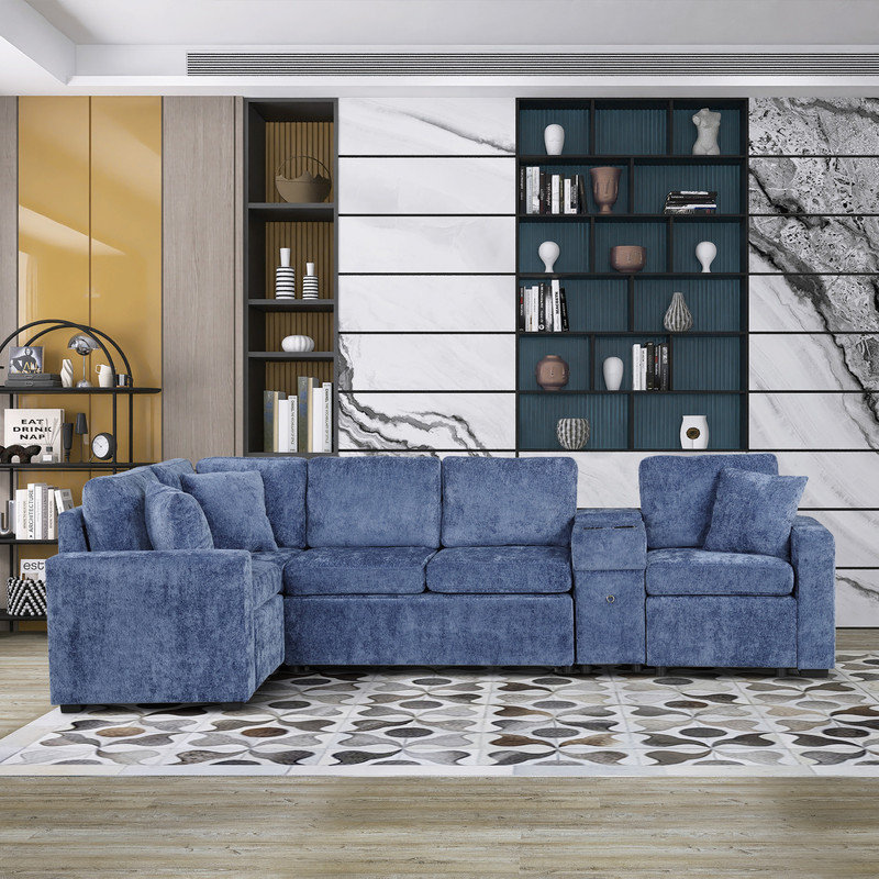 Canapé-lit convertible en L escamotable avec console et rangement, Chenille bleu