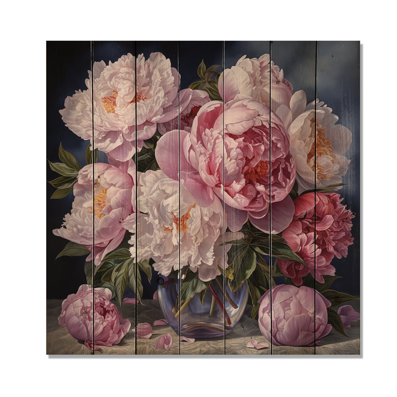 Nature morte au bouquet de pivoines roses - pivoines, art sur bois de pin naturel, H 15 po x l 15 po