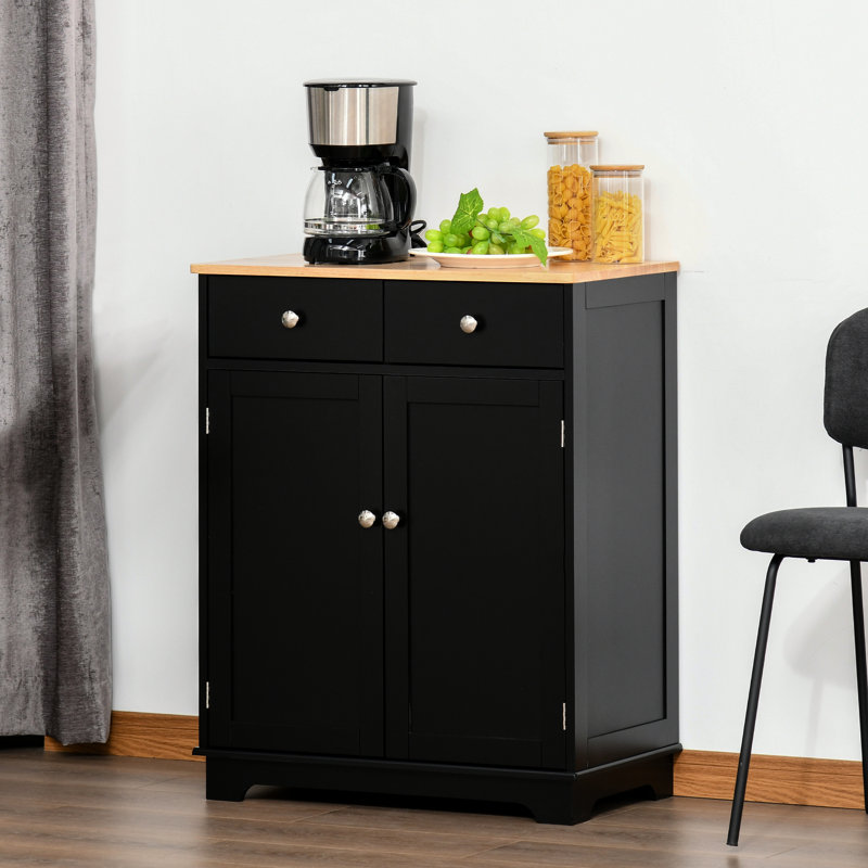 Modern Black Sideboard - Solid Wood Countertop Storage Solution For A Stylish Living Room. 2 Drawers, Adjustable Shelf Organized Areas.