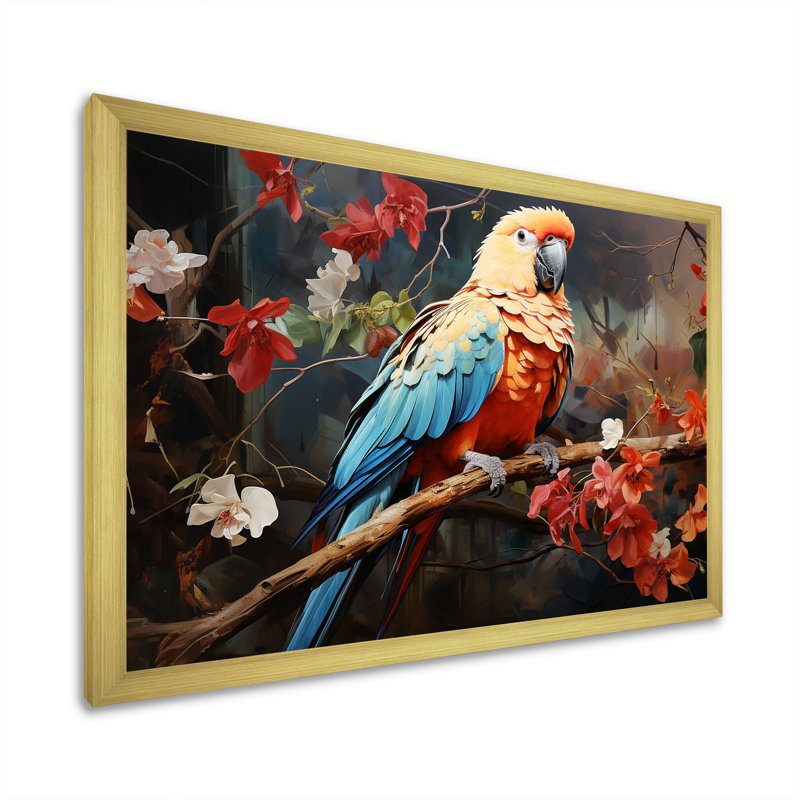 Perroquets harmonie en rouge II - impression d'art mural perroquet, Cadre photo doré simple, H 30 po x l 40 po x P 1,5 po