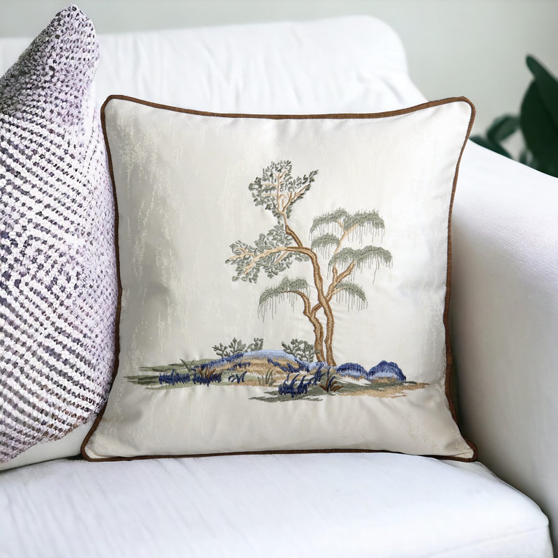 Embroidered Silk Pillow Cover, Ivory/Blue, 18"H x 18"W, Square