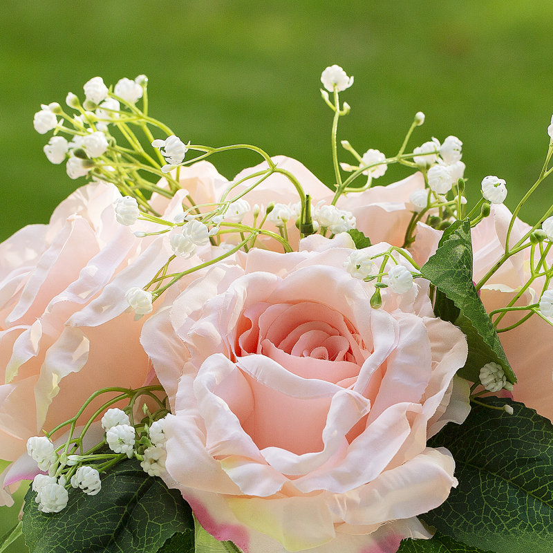 Roses en soie dans un vase, Rose / vert