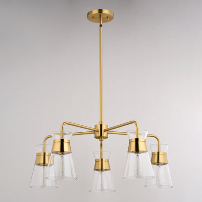 Lustre Mid-Century moderne à 5 lumières de 27 po de large avec abat-jour conique en verre transparent Harper, compatible avec DEL, luminaire suspendu à hauteur réglable pour table de salle à manger, cuisine, vestibule, chambre à coucher, îlot, vestibule