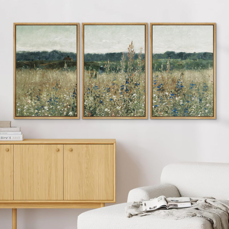 Rural Landscape " Pastoral Fields Rustic Wildflower Countryside Floral Landscape Illustration Rustic Artwork Ultra " 3 - Pieces