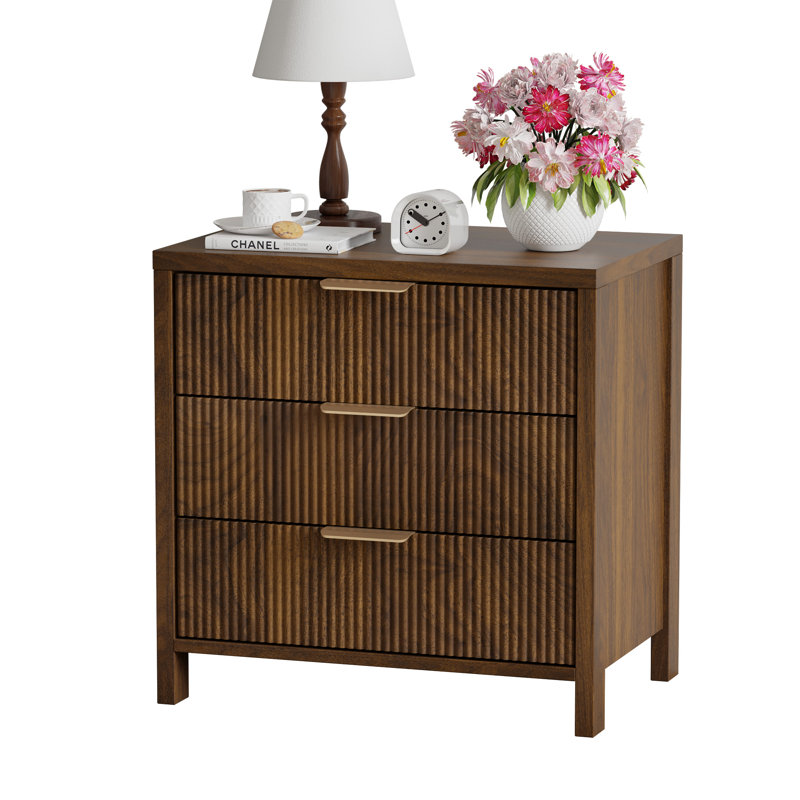 Modern Fluted Bedside Table with 3 Drawers, Walnut, 2