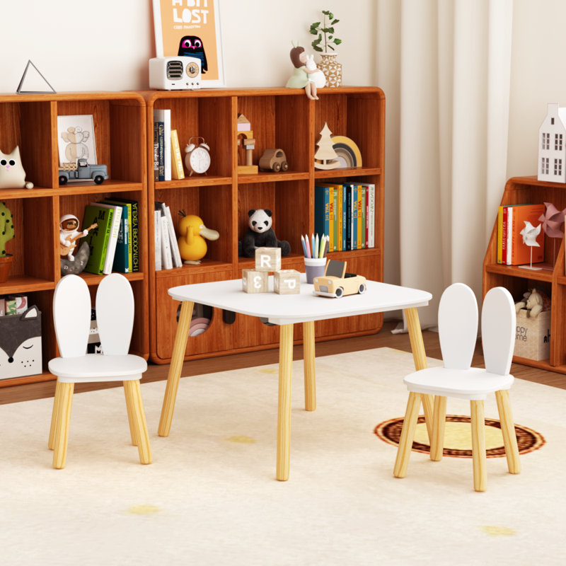 Ensemble de table et 2 chaises pour enfants, ensemble de 3 pièces de table et de chaises pour tout-petits à thème de lapin pour enfants, ensemble de table de jeu en bois pour enfants avec pieds en bois massif