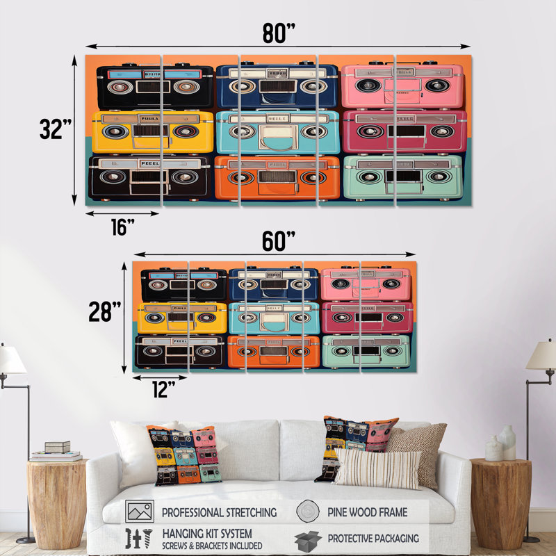 Pop Art Cassette Tapes - Cassette Tapes, art mural 5 pièces, H 32 po x l 80 po