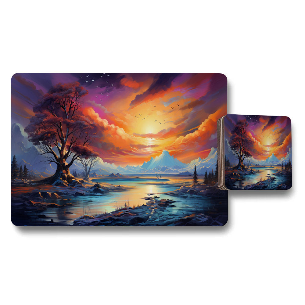Sunset Landscape Placemats And Coaster Set With Vibrant River Scene