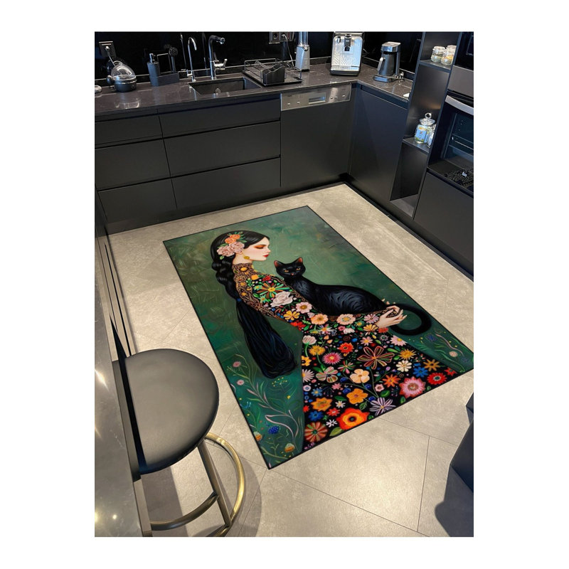 Floral Cat and Woman Colourful Decorative Machine Washable Area Rug, Rectangle 3'3" x 4'11"