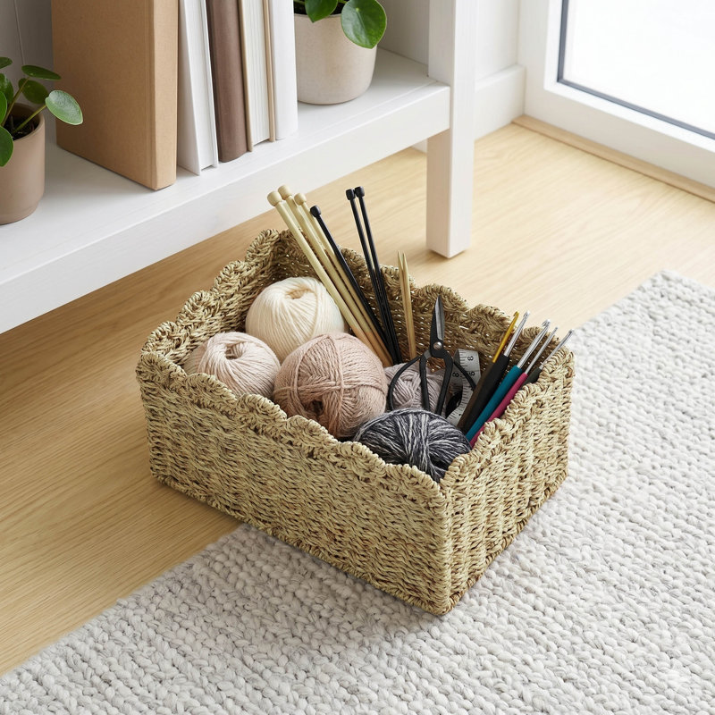 Abercromby Seagrass Basket, 12.6 x 8.7 x 6.7 Inches, Gray Brown with Scallop Edge – Woven Storage Tray for Bathroom Towels, Closet Shelves, or Nursery Toys