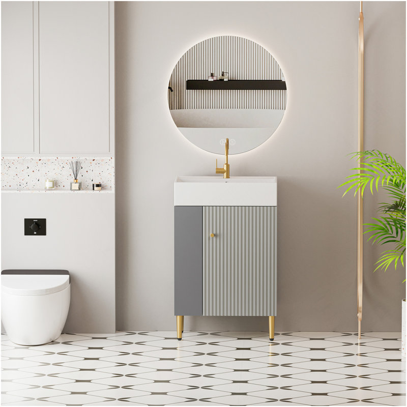 21.6" Open-Shelving Vanity With Ceramic Sink, Soft-Close Door, Left Storage Shelf, Assembly Needed, Grey, Gray/Dark Gray