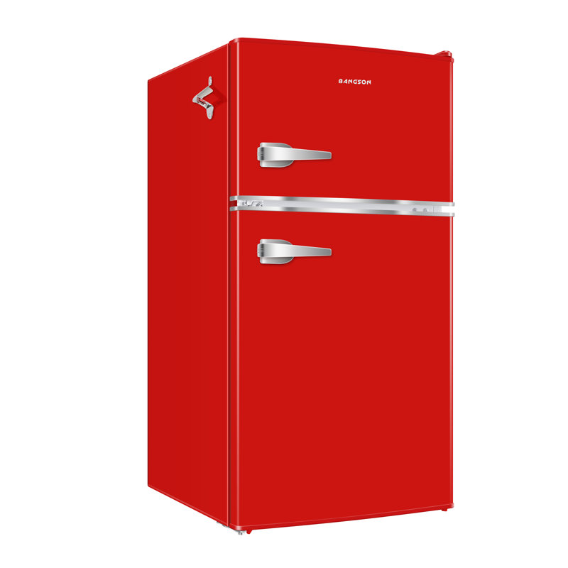 BANGSON Mini Fridge with Freezer, 3.2 CU.FT Small Refrigerator with Freezer, Door Handle, Bottle Opener, For Bedroom, Dorm, Office, Home, Garage or RV, R-600a, Red