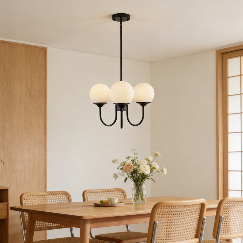 3-Light Dimmable Mid-Century Globe Chandelier with Opal Glass Shades, Matte Black