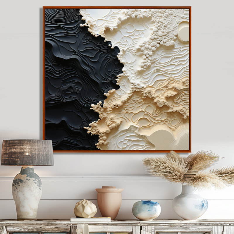 Abstrait crème et noir liquide, reproduction d'art sur toile côtière, Reproduction avec cadre flottant, H 24 po x l 24 po