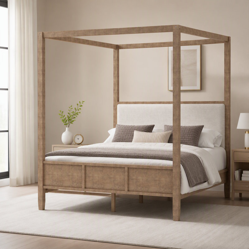 Lit plateforme à baldaquin en bois avec tête de lit, Queen, Noyer naturel