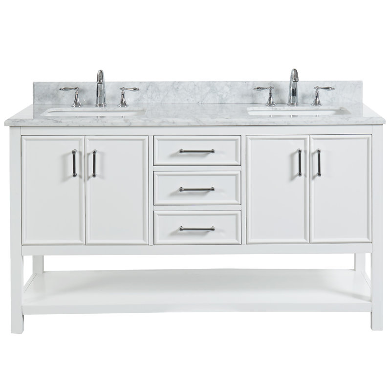 Meuble-lavabo double 60 po avec plateau en marbre Paulene, Blanc doux, White/Gray