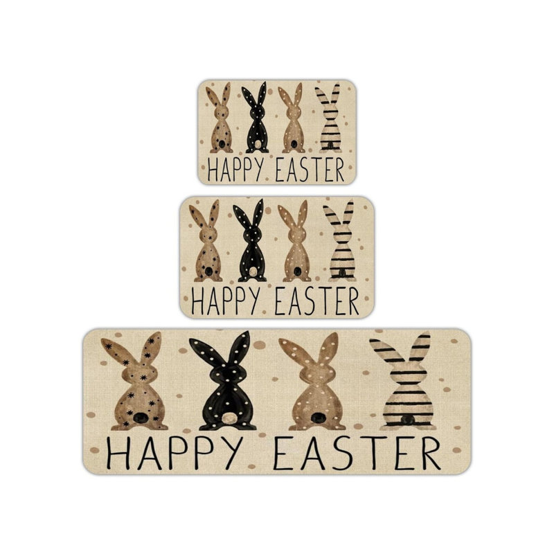 Beige Easter Bunny Kitchen Rug 3 Piece Set for Kitchen & Entryway