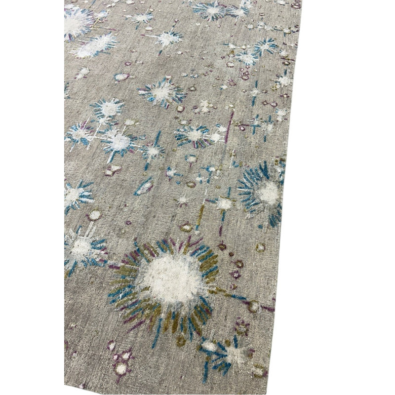 Odyssey Post Modern Organic Abstract Beige Oat Blue Purple White Hand-Knotted Wool/Silk Designer Area Rug / Rug Size: Rectangle