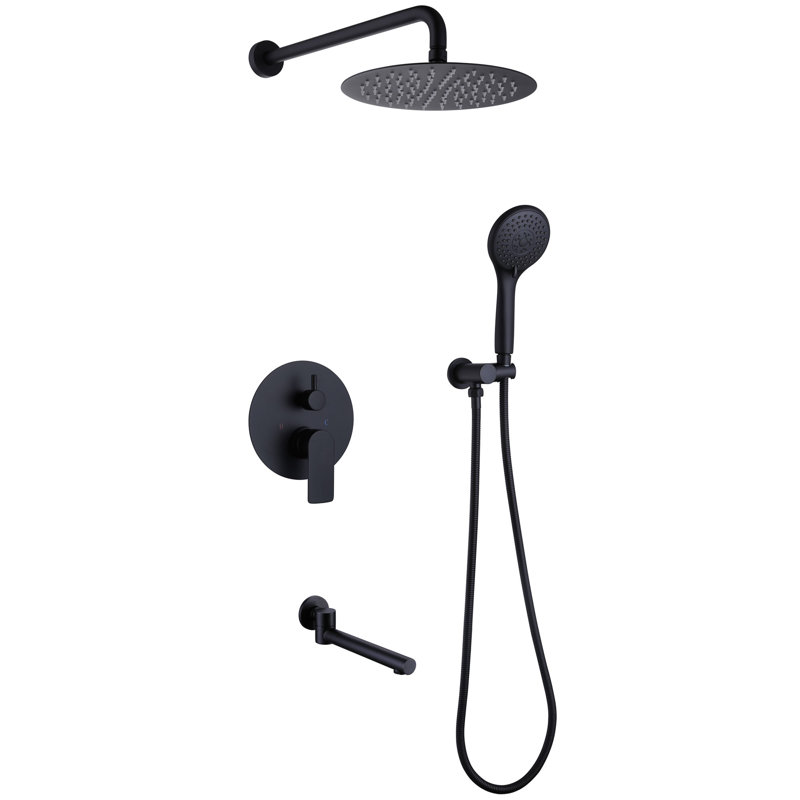 Modern 10" Round Wall Mounted Pressure Balance Rainfall Shower System With Swivel Tub Spout And Handheld Shower, Matte Black
